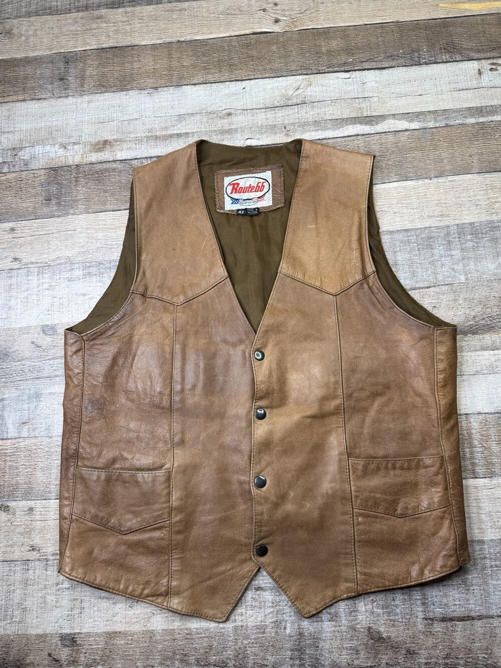Route 66 Vest Mens 42 Brown Leather Biker Motorcycle Snap Button Distressed Y2K